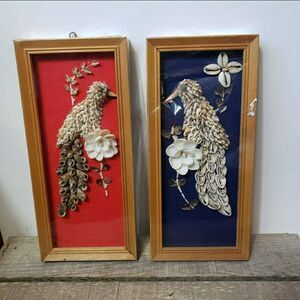 VINTAGE 1960s FRAMED SEASHELL BIRD ART Set Of 2
